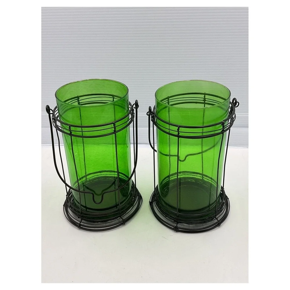 Set of 2 Green‎ Glass Hurricane Candle Holders with Wire Cage 8